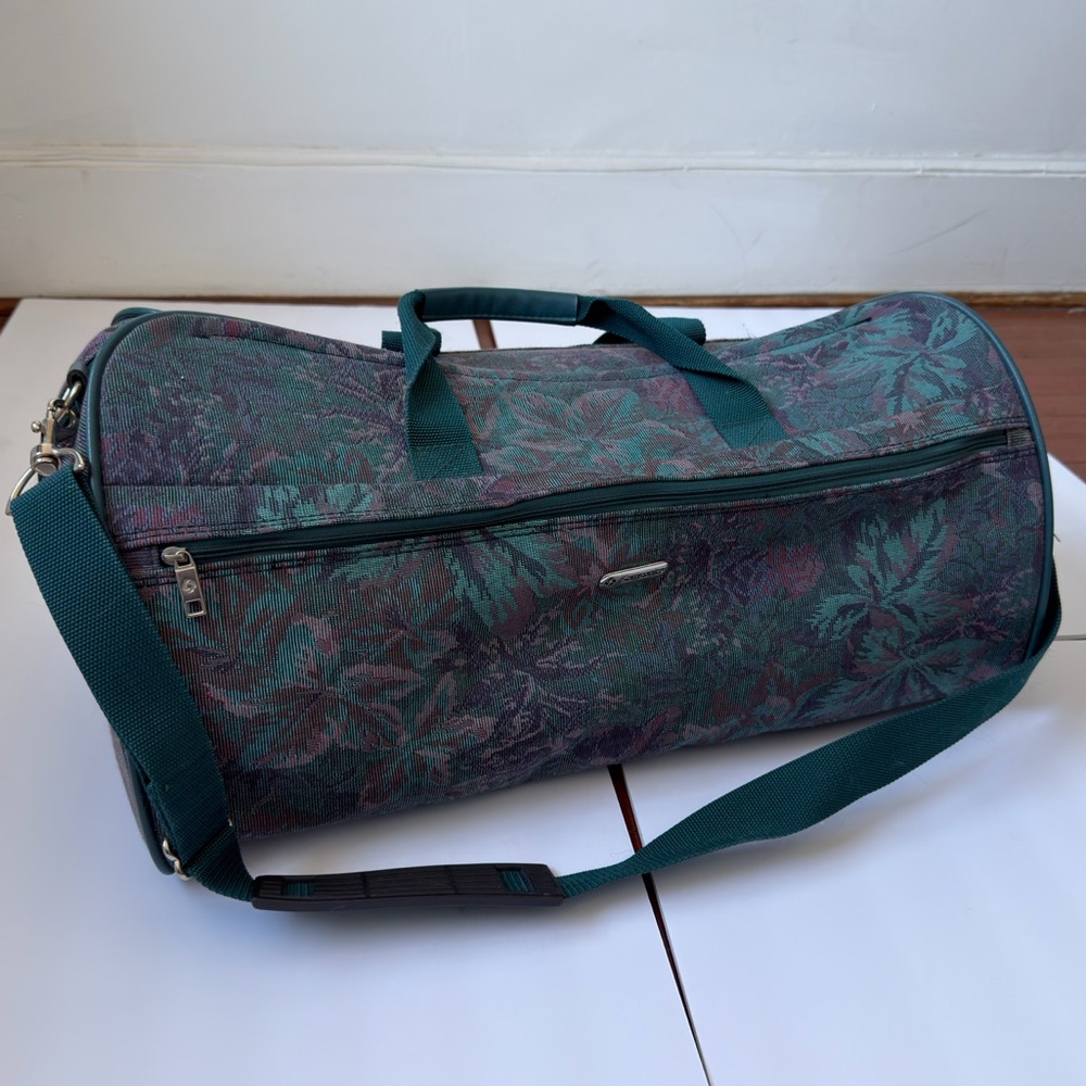 Vintage Samsonite Tapestry Duffel Bag Teal‎ Floral Woven Weekend Travel Carry On